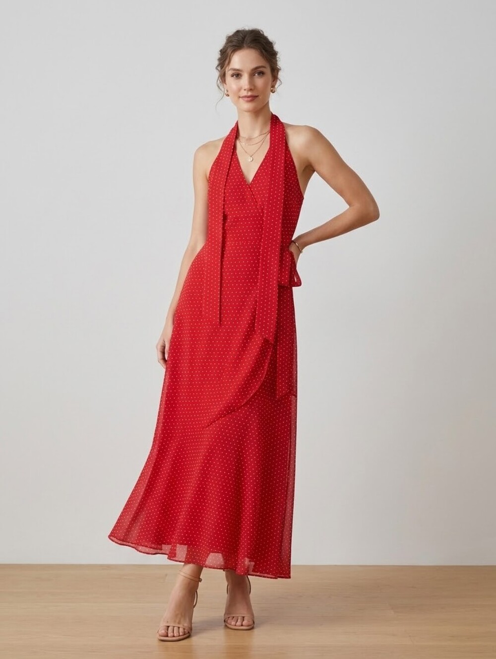 wild fable Red Halter Maxi Dress with Tie-Neck